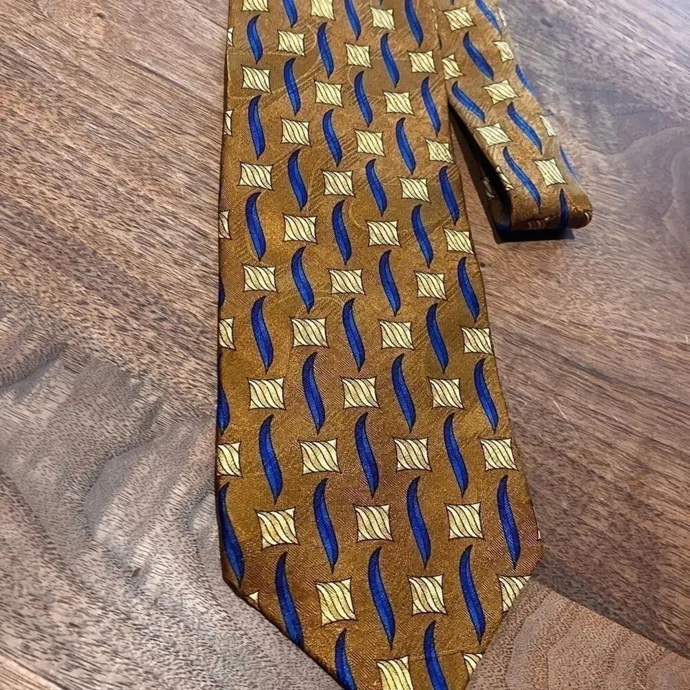 VINTAGE FERRELL REED SILK‎ Tan Blue NECK TIE MADE IN ITALY BY HAND